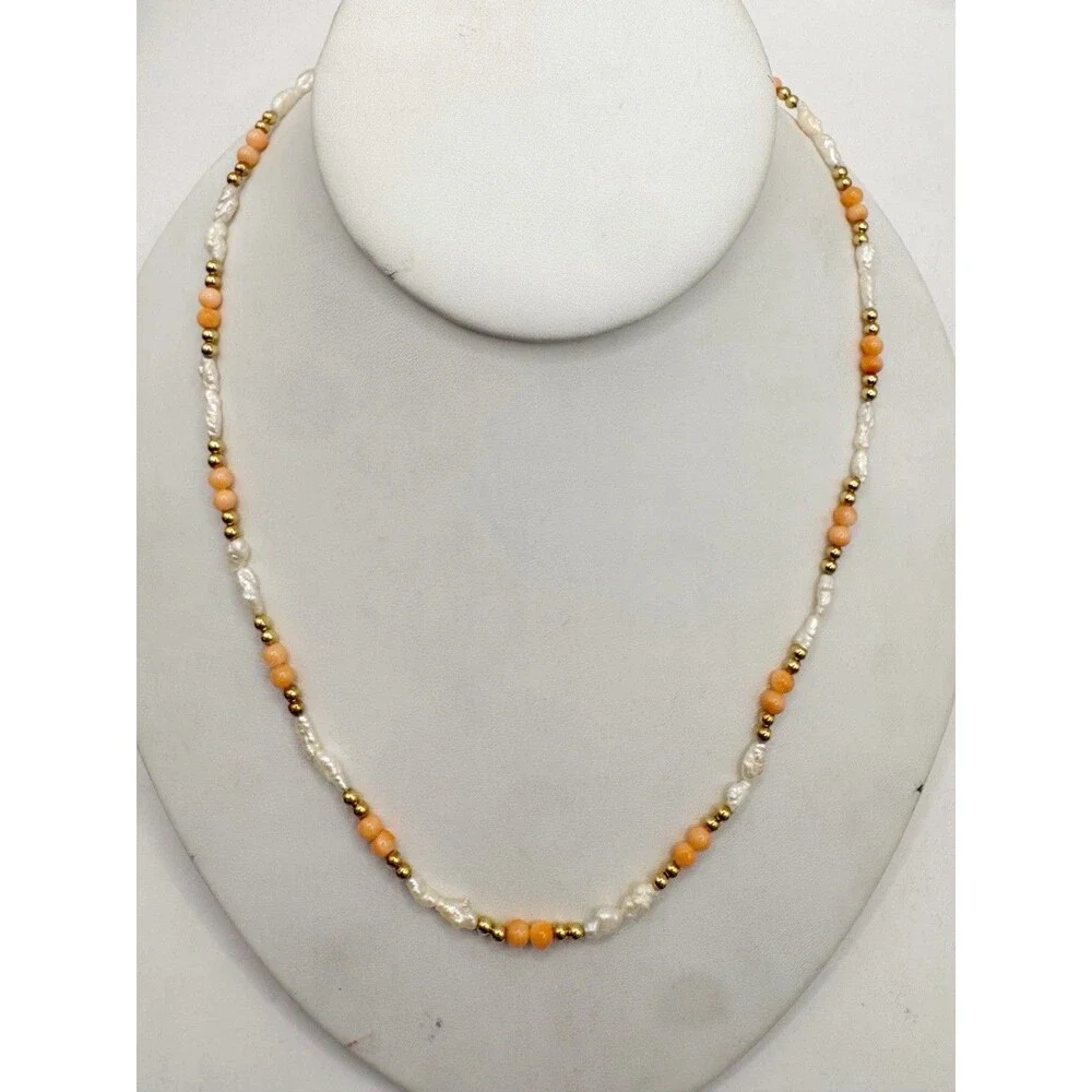 Vtg 14K Yellow Gold Angel Skin Coral Freshwater Pearl Necklace 19” Quiet Luxury